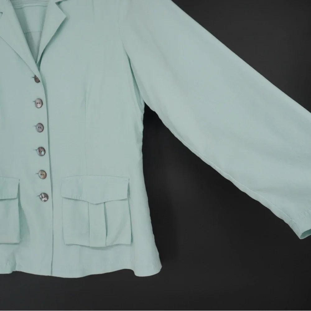 J.Jill‎ Mint Teal Button Up 100% Silk Light Weight Blazer top blouse Size 14P